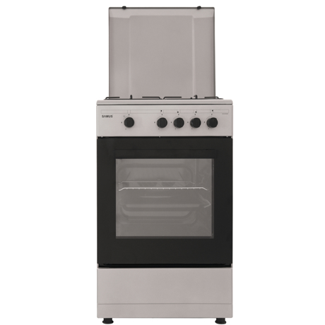 Aragaz Samus SM 450 BSS, Gaz, 4 arzatoare, Siguranţă plită + cuptor, Sertar inferior vesela, Capac metal, 50x55 cm, Gri-aluminiu